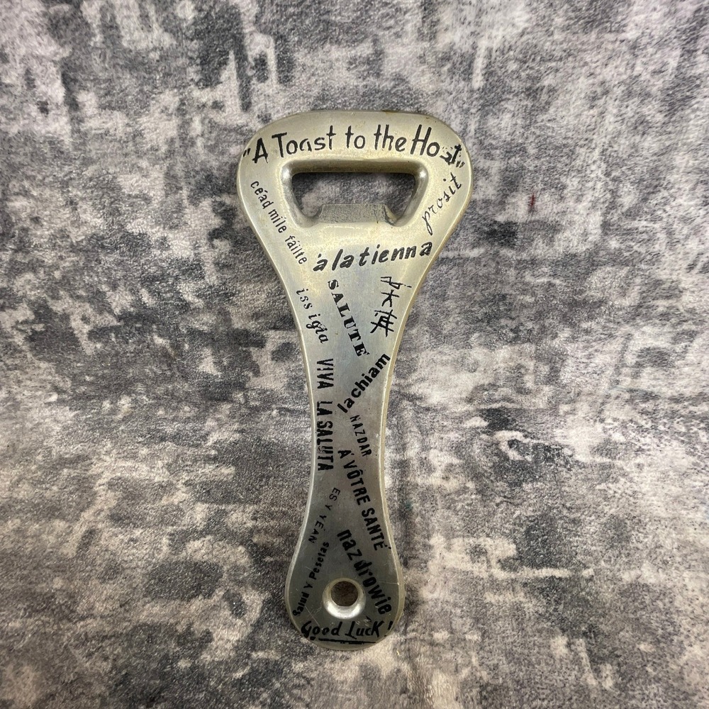Vtg Italian Aluminum Jumbo Bottle Opener Multilingual Toast‎ Barware Man Cave